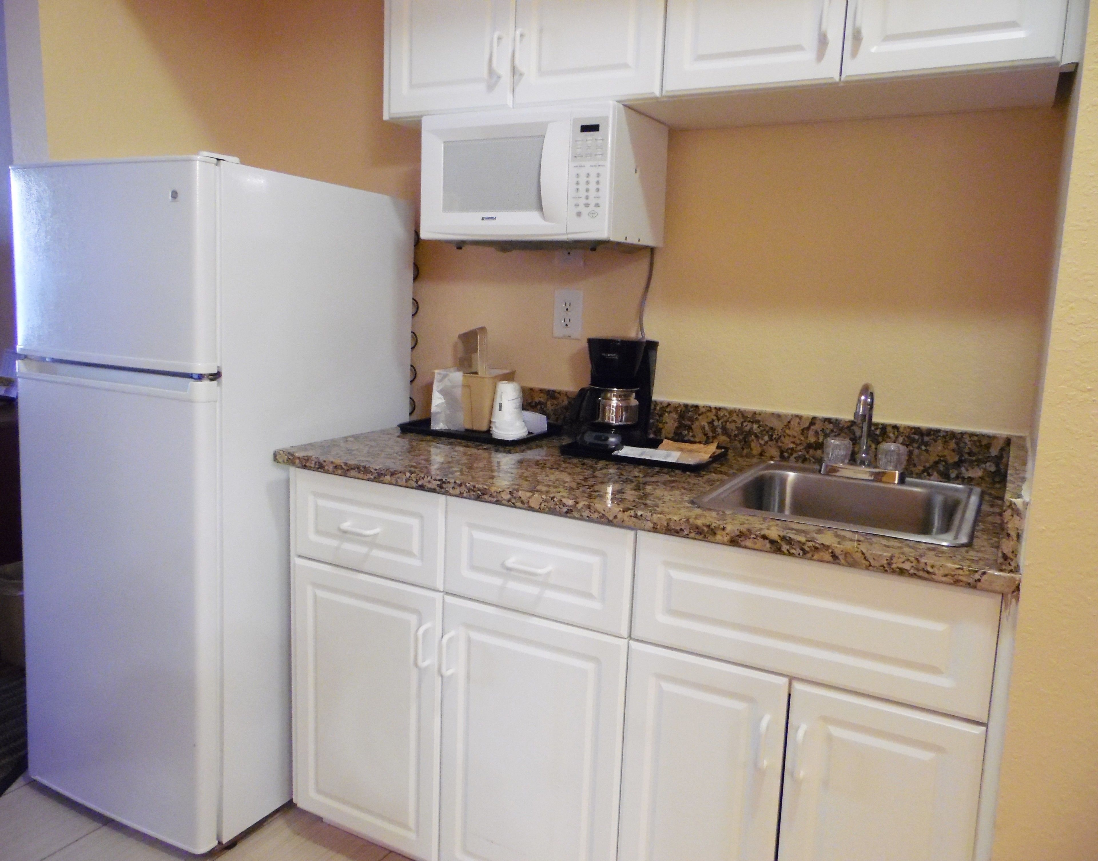 full-sized fridge, microwave, coffee/tea maker