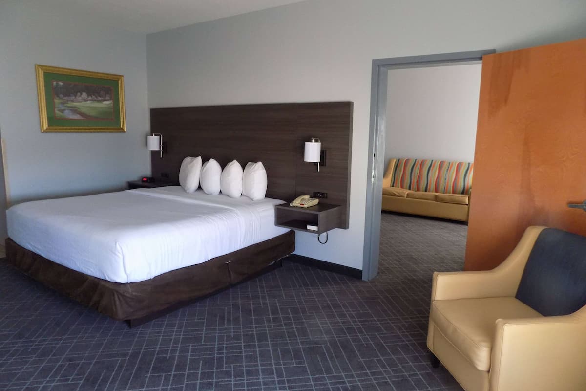 Hotelkamer met een groot bed, nachtkastje met een lamp, telefoon en een schilderij aan de muur.