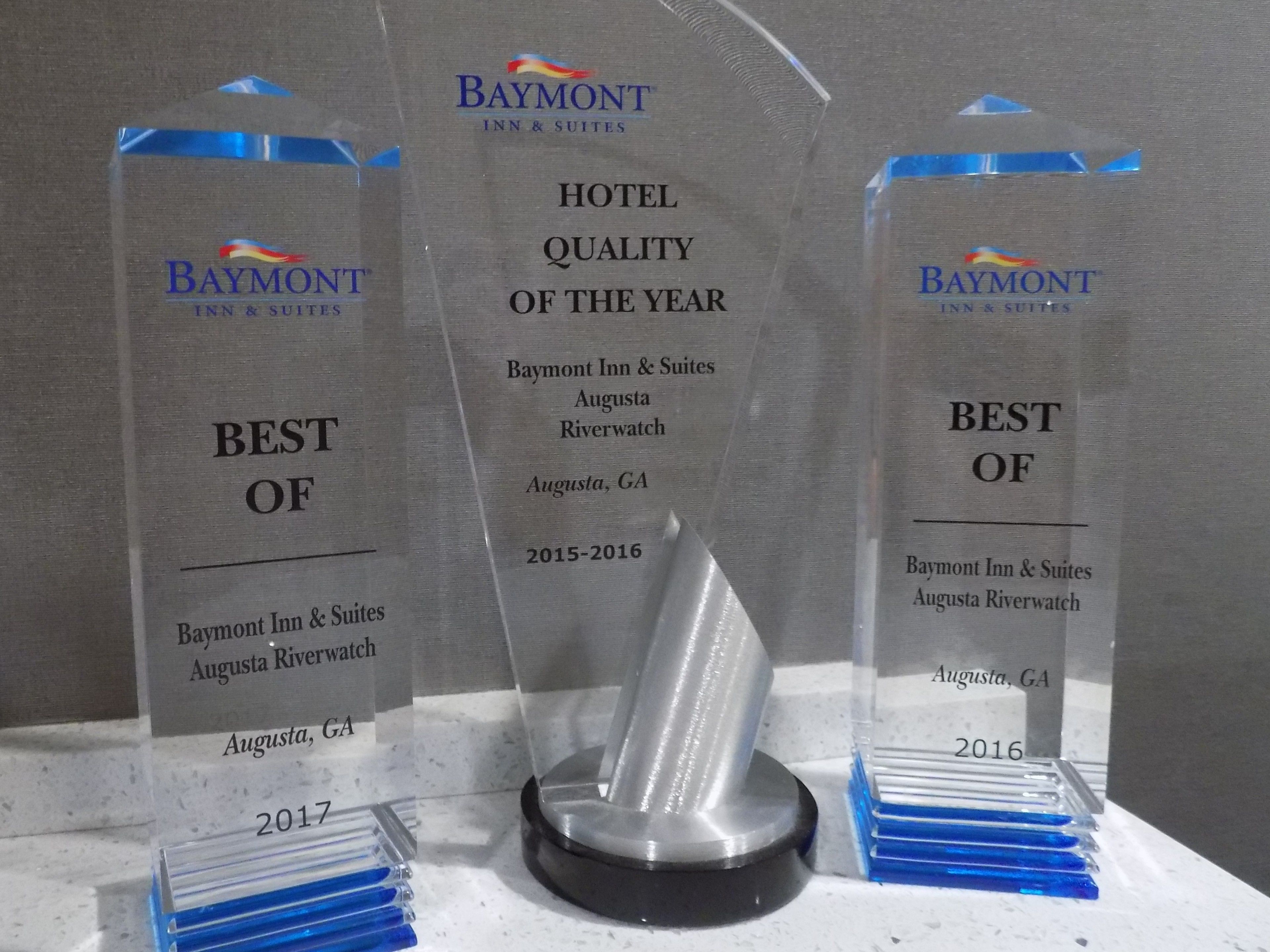 Three awards for the Best of the Year for Baymont Inn & Suites Augusta Riverwatch for the years 2015-2016, 2016, and 2017.