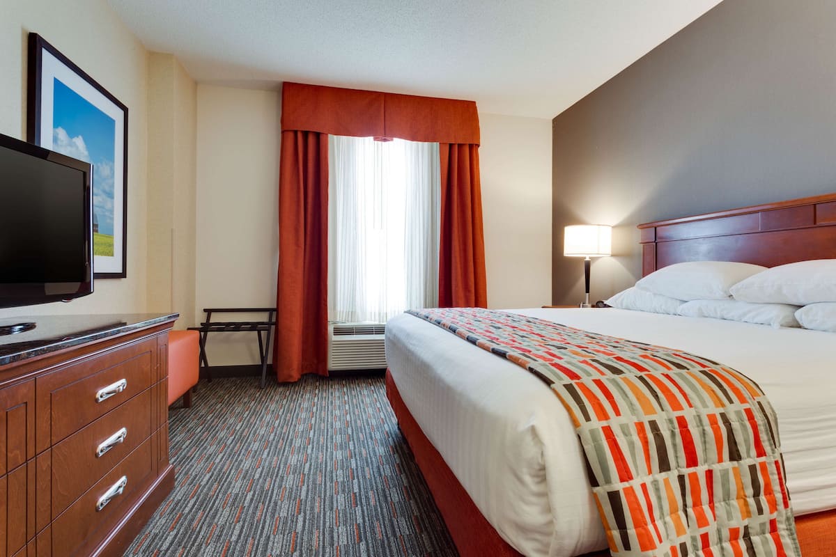Une chambre d’hôtel avec un lit, une télévision, un bureau et une fenêtre avec des rideaux.