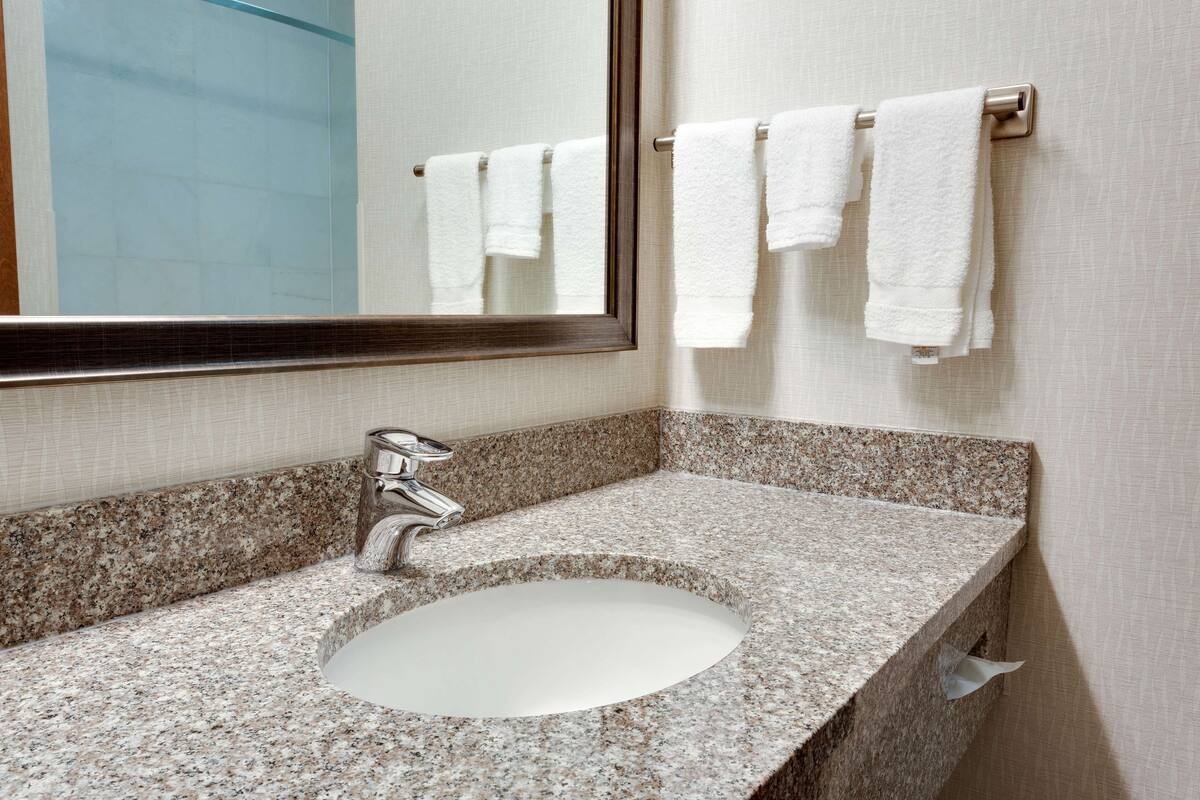 combined shower/bathtub, free toiletries, hair dryer, towels