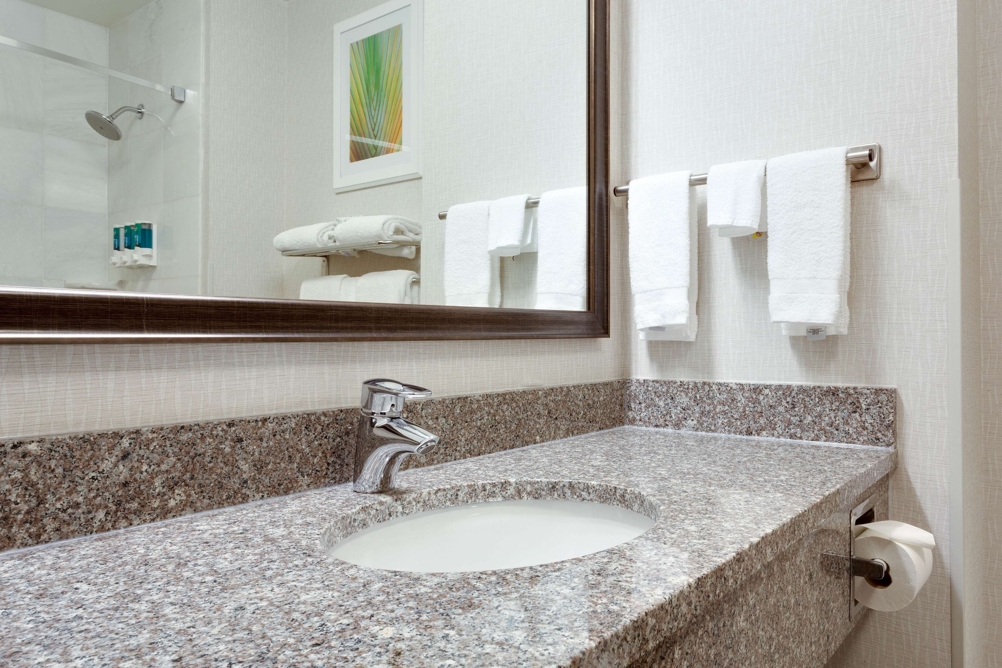 combined shower/bathtub, free toiletries, hair dryer, towels