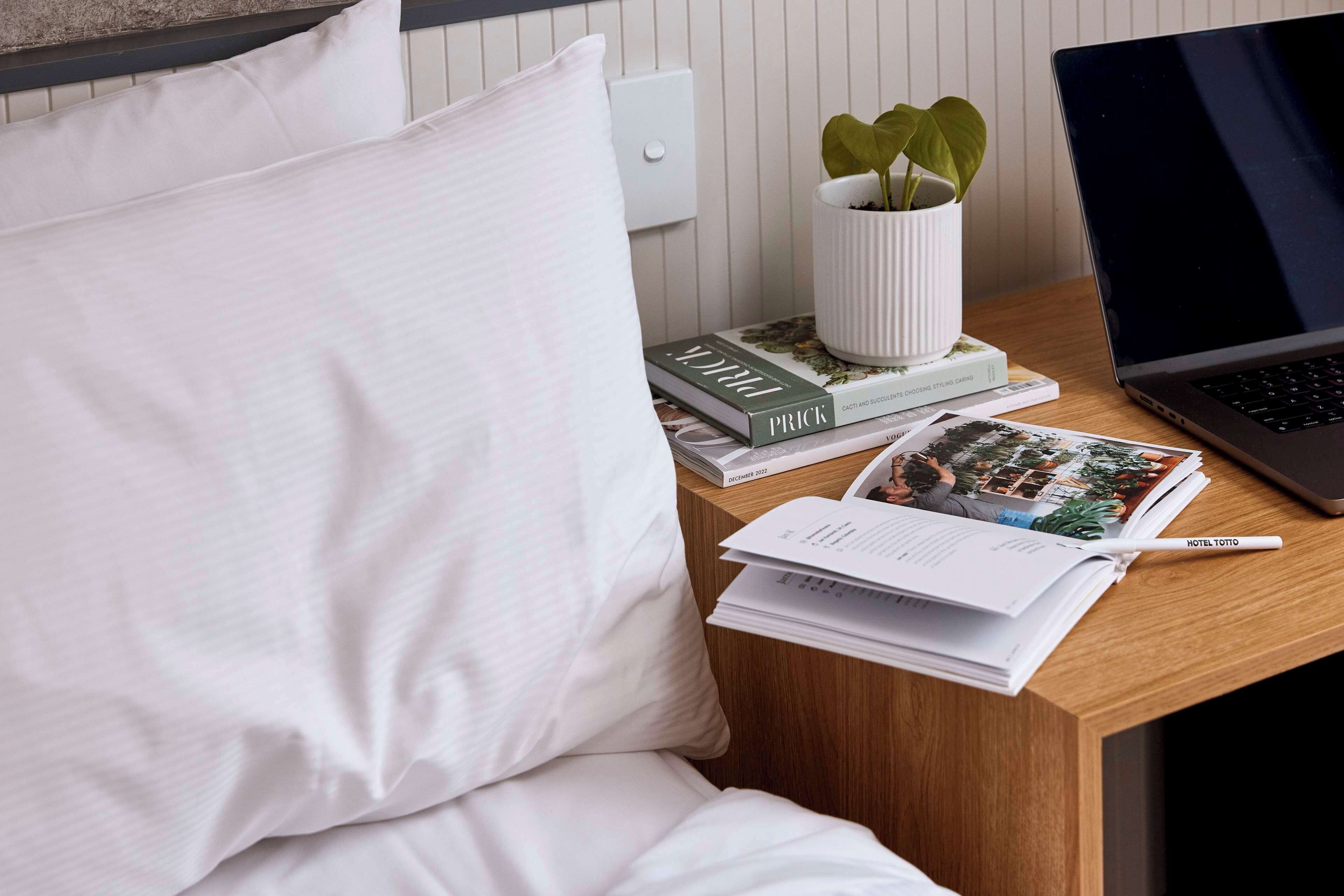 A neatly made bed with white linens, a small bedside table with a laptop, a potted plant, and a stack of books.