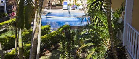 A pool area with lounge chairs and umbrellas, surrounded by palm trees and well-maintained landscaping.