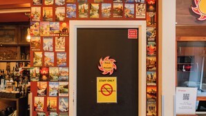 Une porte portant les inscriptions « Réservé au personnel » et « Privé », entourée d’un mur couvert d’affiches de voyage.