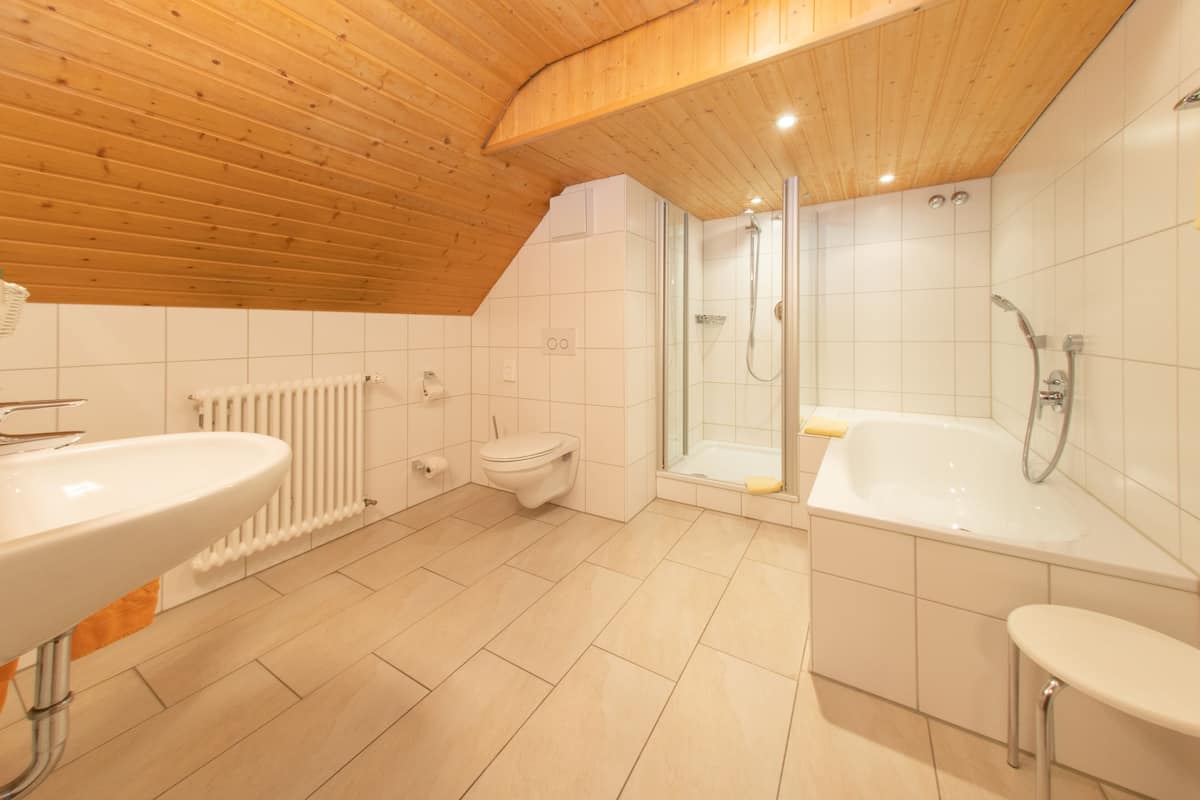Ein modernes Badezimmer mit Holzboden, einer großen Badewanne, einer separaten Duschkabine und einem WC.