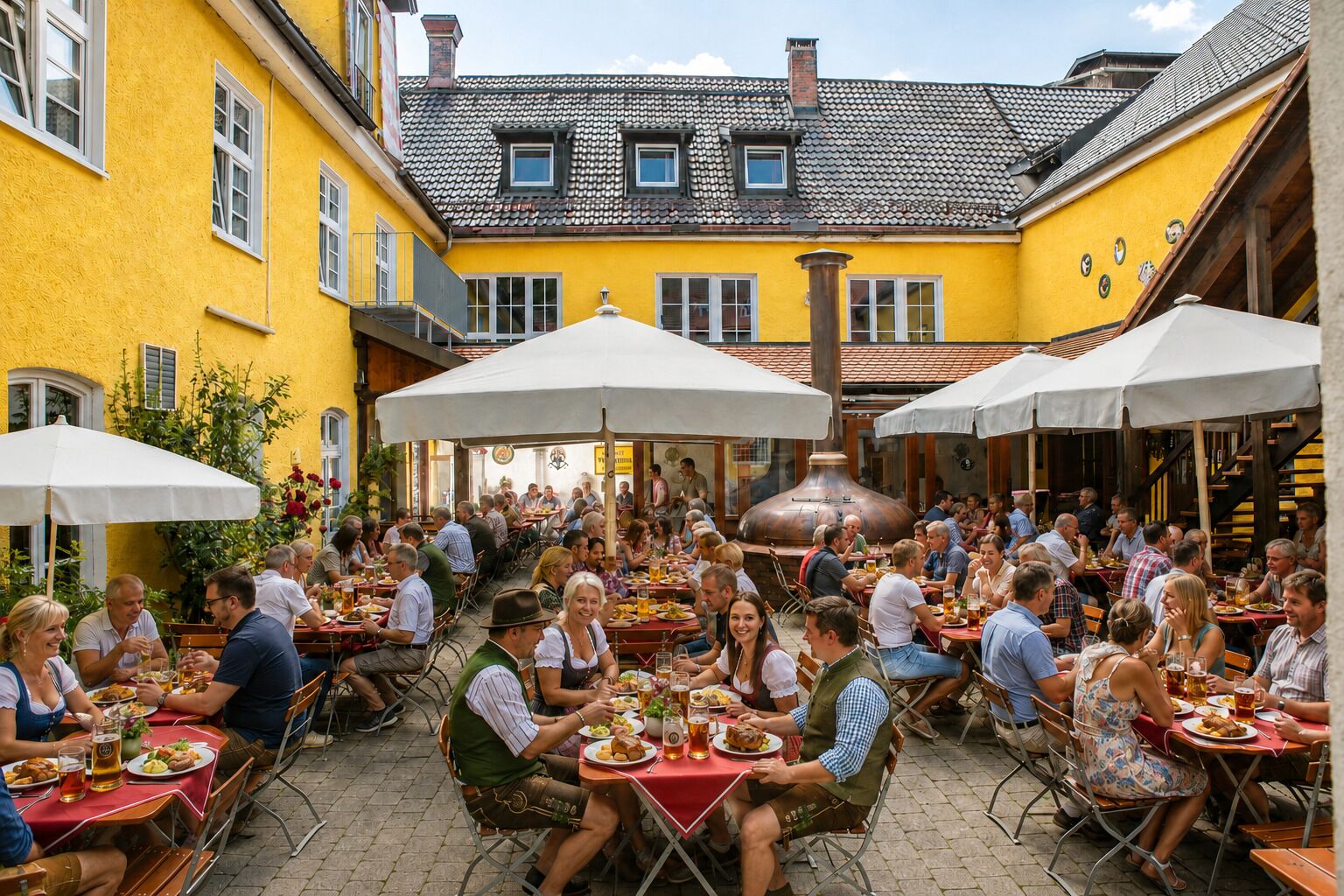 Un espacio al aire libre para comer, con mesas y sillas, rodeado de edificios amarillos de arquitectura tradicional.
