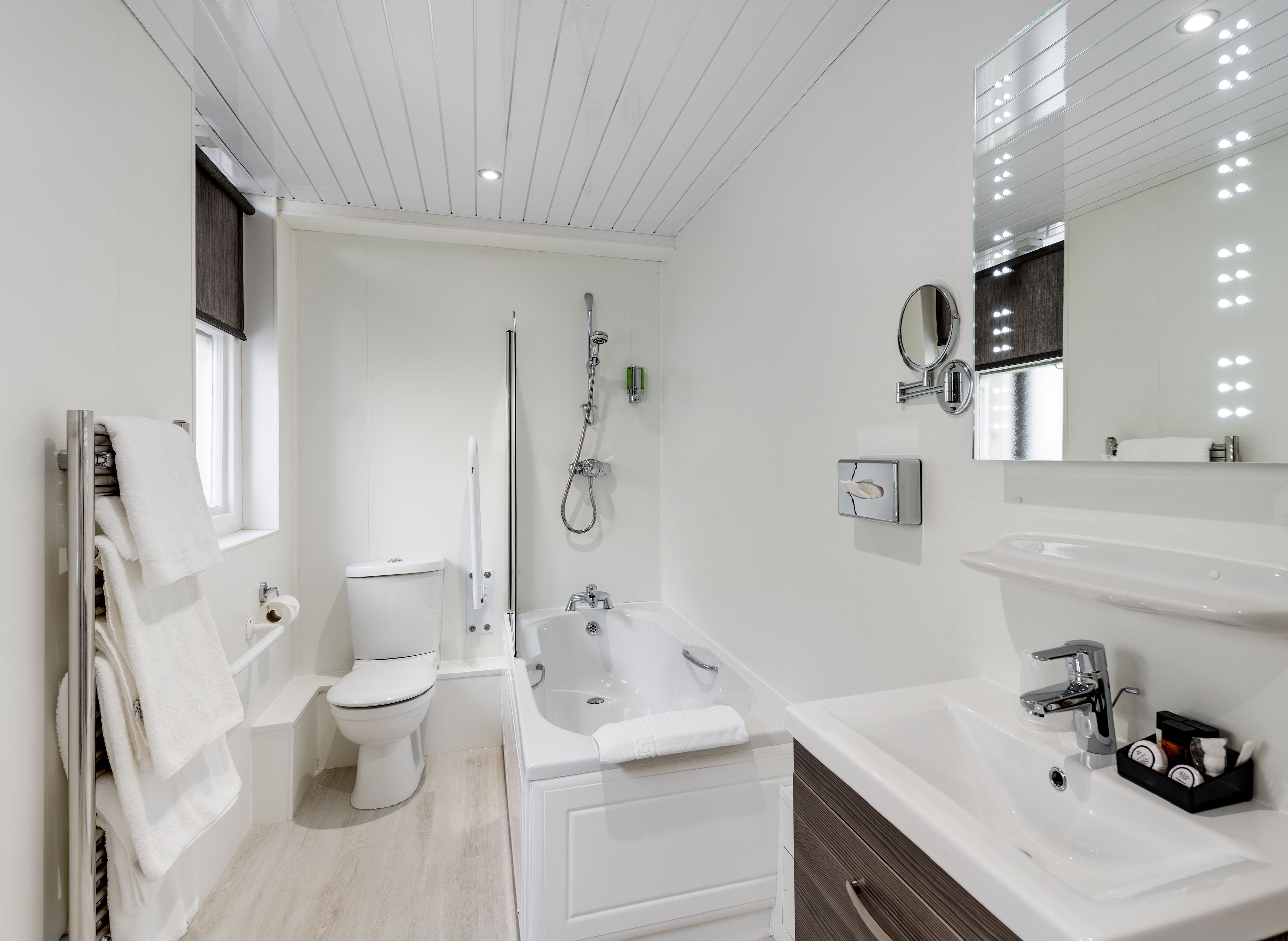 A modern bathroom with a toilet, shower, bathtub, and sink.