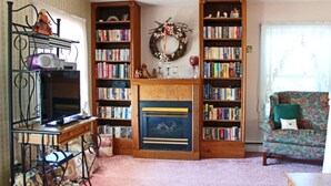 Una sala de estar acogedora con chimenea, estanterías, televisor y un sillón estampado.