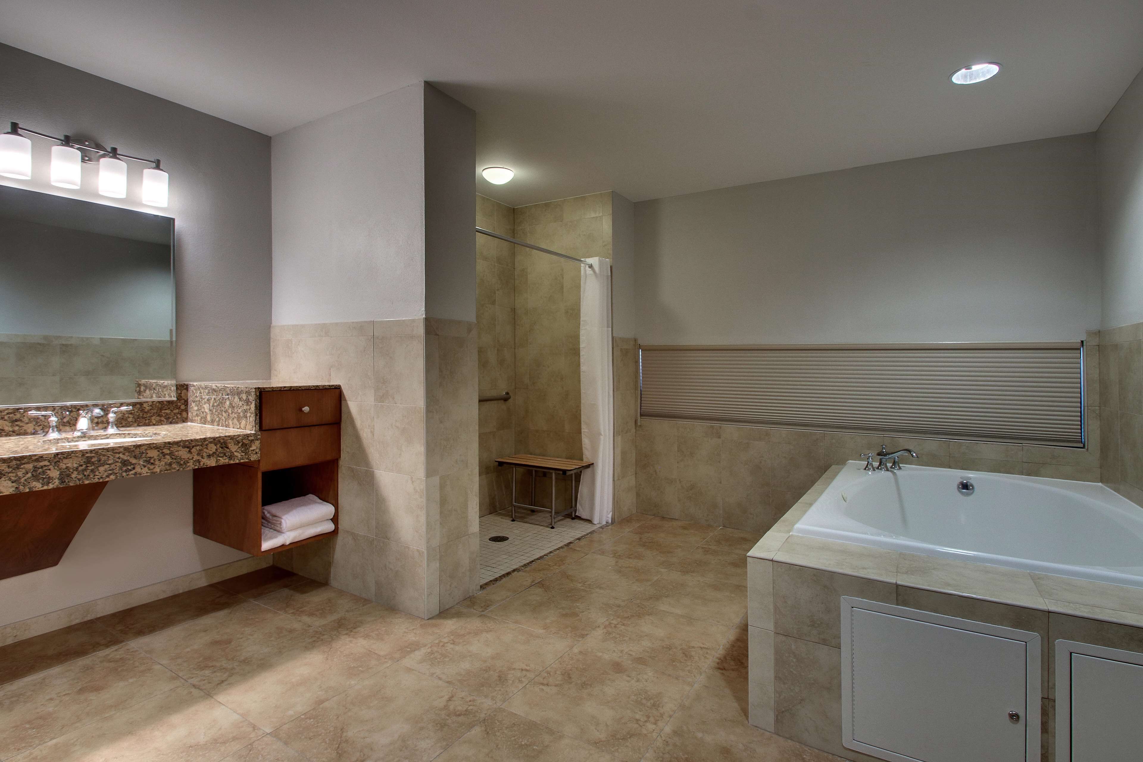 A modern bathroom with a large bathtub, a shower, and a vanity with a mirror and lights.