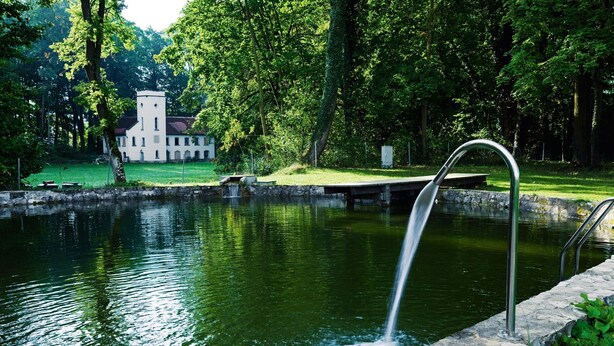 A tranquil pond with a fountain, surrounded by lush greenery and a white building with a tower. - Schloss Burgellern (Schesslitz)