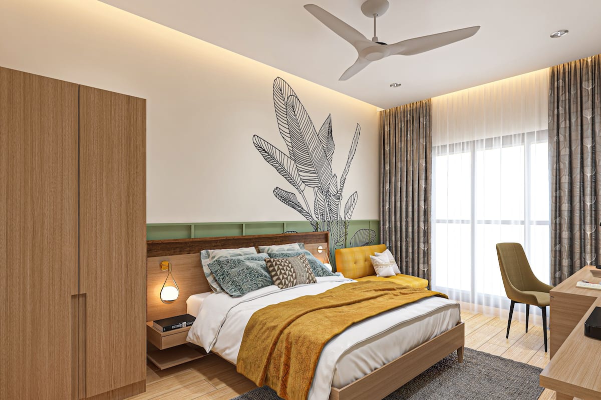 A modern bedroom with a bed, a desk, a chair, a wardrobe, and a ceiling fan.