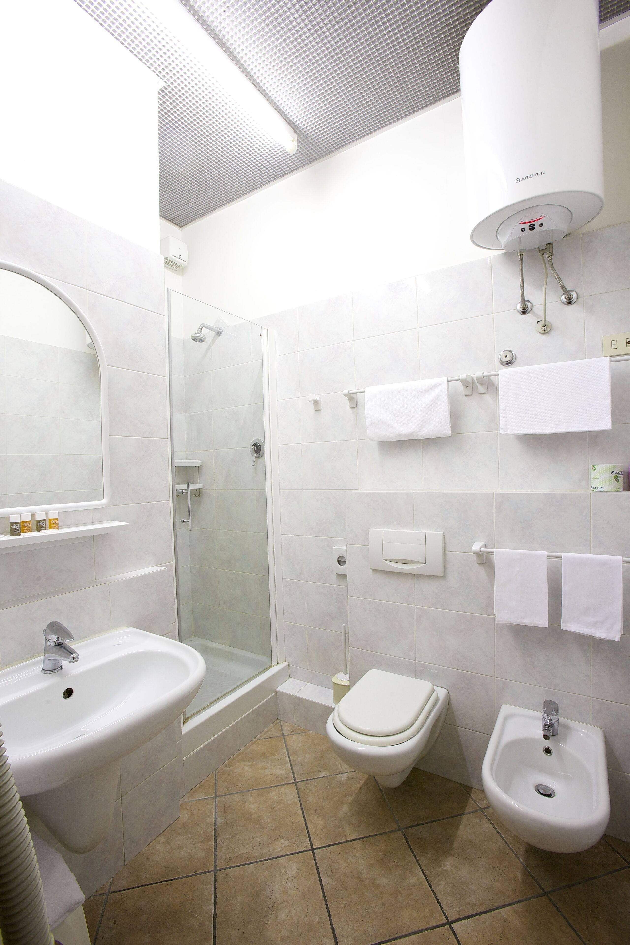 free toiletries, hair dryer, bidet, towels