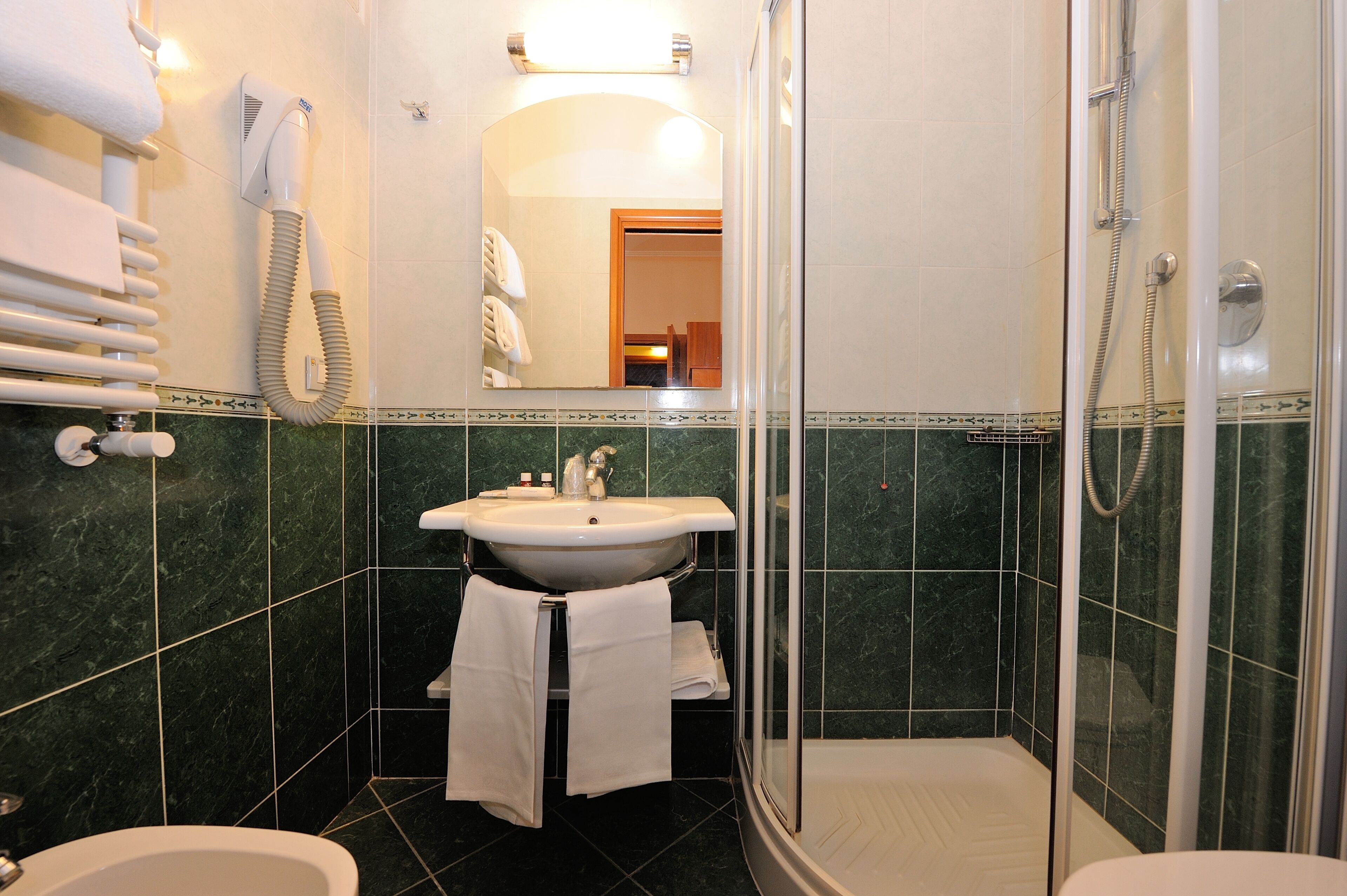 free toiletries, hair dryer, bidet, towels