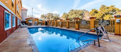 Seasonal outdoor pool, sun loungers