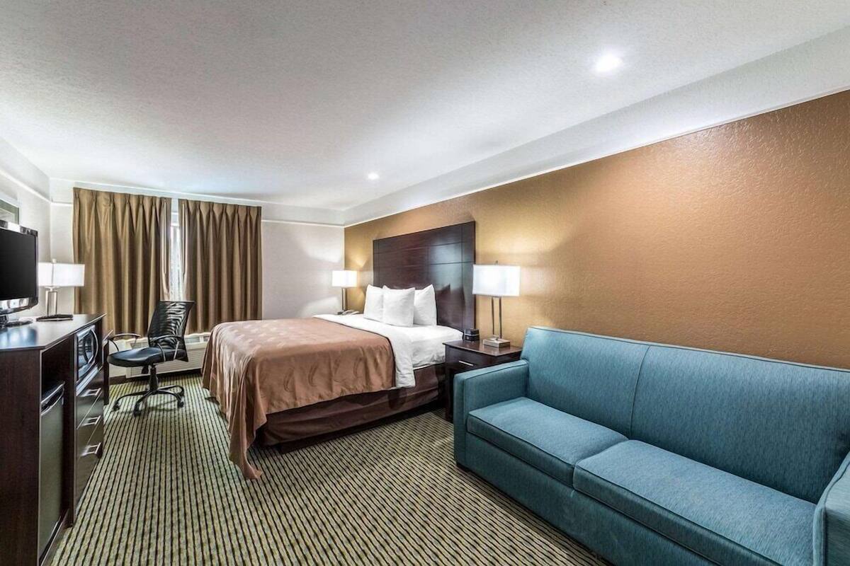 A hotel room with a bed, a blue sofa, a desk with a TV, and two bedside lamps.