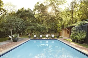 室外游泳池，池畔遮阳伞，日光浴躺椅