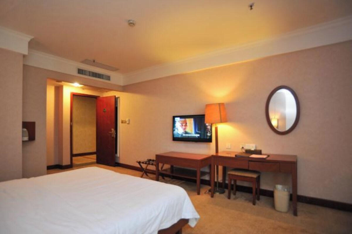 Habitación de hotel con cama, escritorio, silla, televisión y espejo.