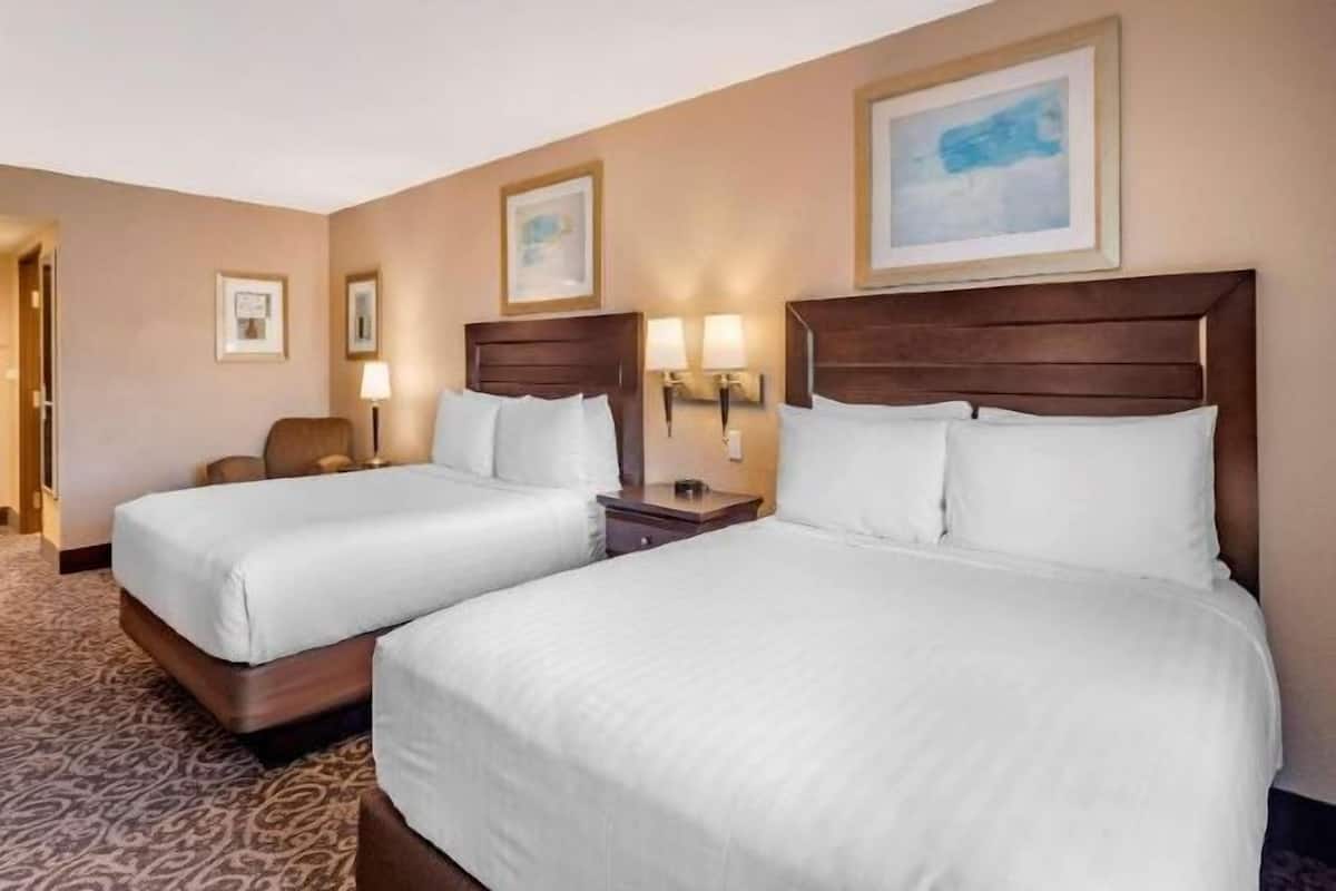 Hypo-allergenic bedding, pillowtop beds, desk, laptop workspace