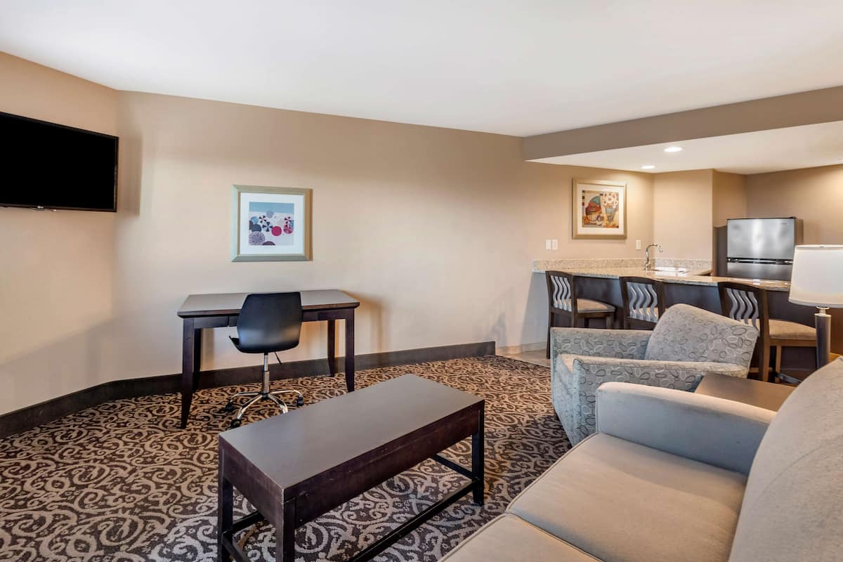 Ein Hotelzimmer mit einer Couch, einem kleinen Tisch, einem Fernseher, einer Küchenzeile und einem gemusterten Teppich.