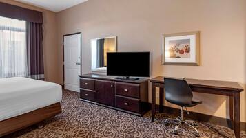 Hypo-allergenic bedding, pillow-top beds, desk, laptop workspace