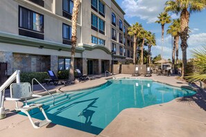 Outdoor pool, open 8:00 AM to 8:00 PM, sun loungers