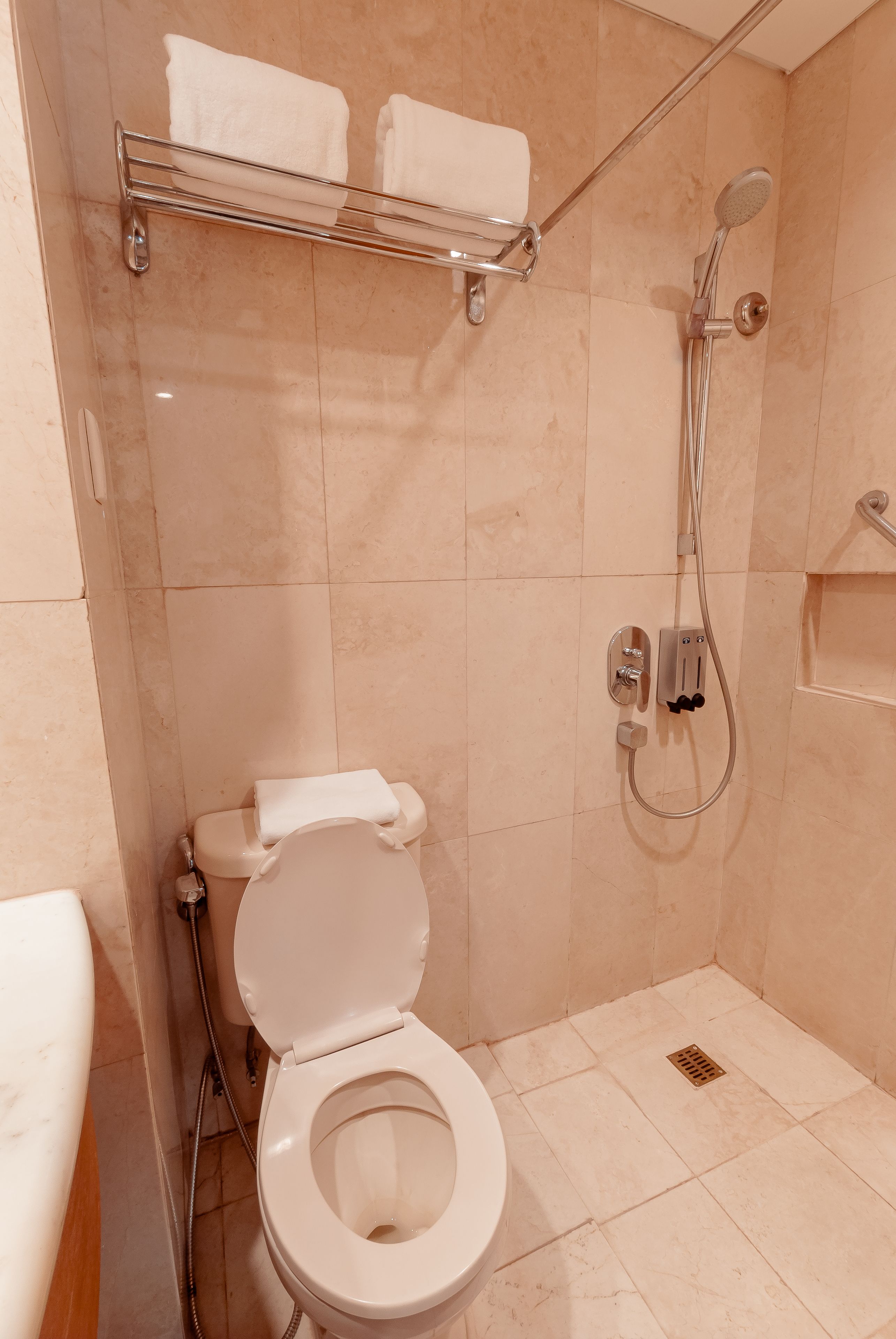 A small bathroom with a toilet, a shower, and a towel rack.
