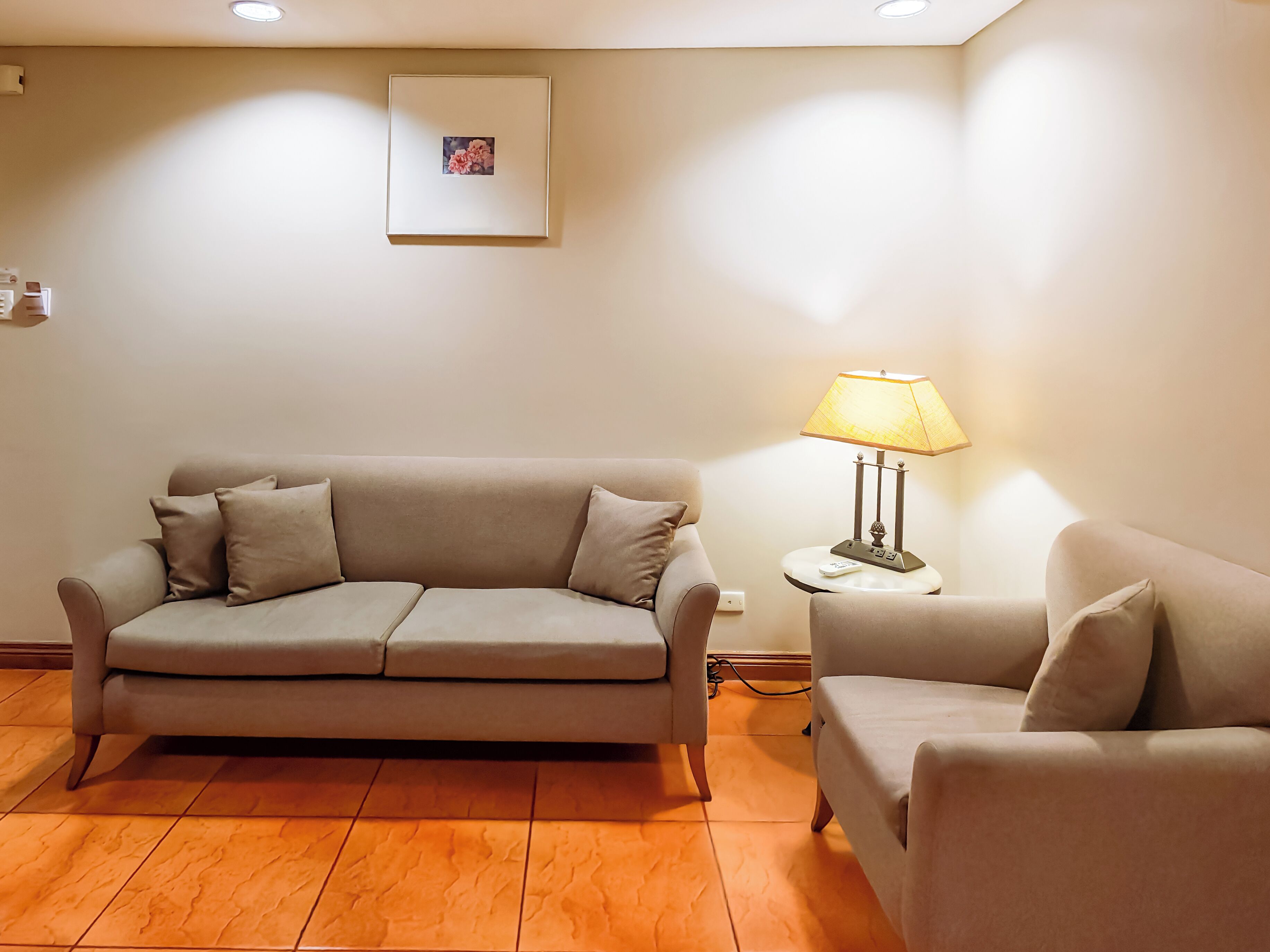 Ein Wohnzimmer mit einem beigefarbenen Sofa, einem kleinen Sessel, einer Lampe auf einem Beistelltisch und einem gerahmten Bild an der Wand.