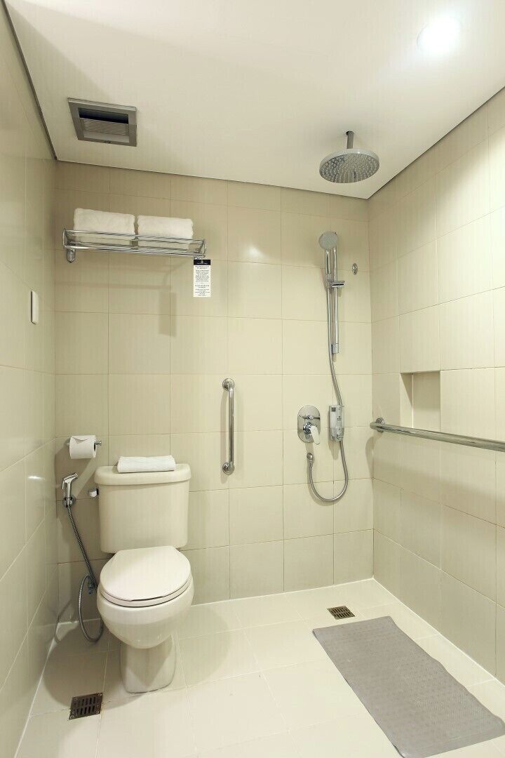 A modern bathroom with a toilet, a shower, and a grab bar.