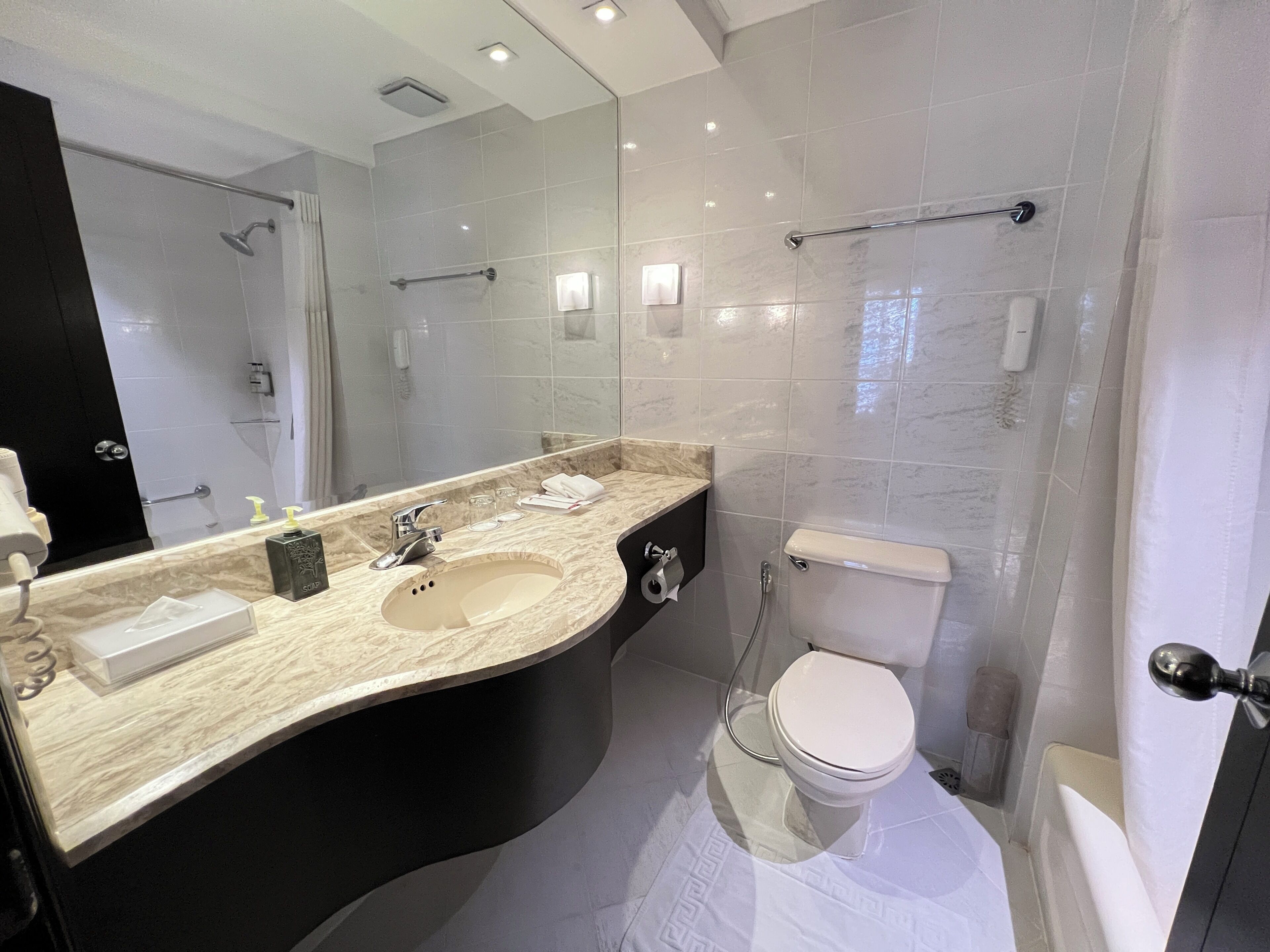 Een moderne badkamer met een gebogen wastafel, een toilet en een douchehoek.