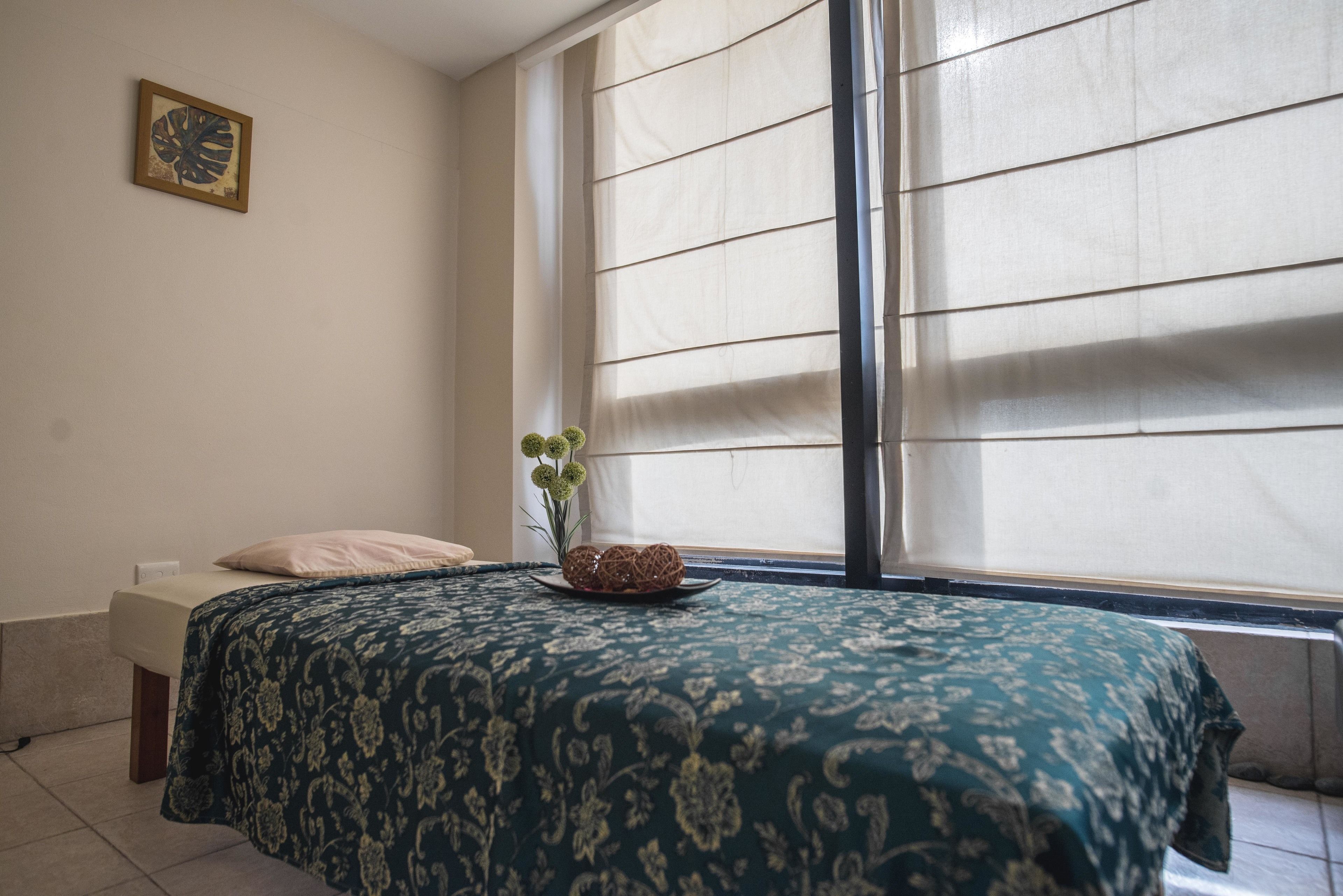 A bedroom with a bed, a window with blinds, a small plant, and a wall-mounted picture.