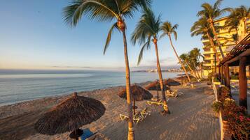 A beach with palm trees, thatched umbrellas, and lounge chairs.