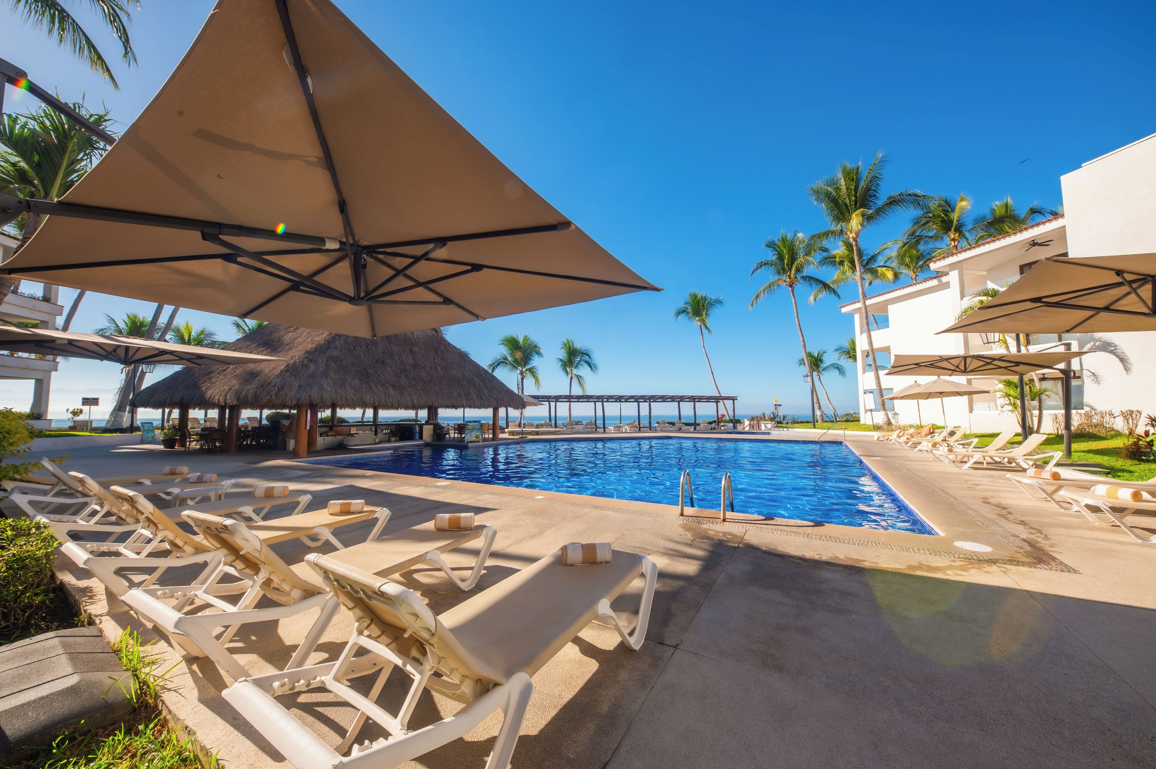 A pool area with lounge chairs and umbrellas, a thatched-roof structure, and palm trees.