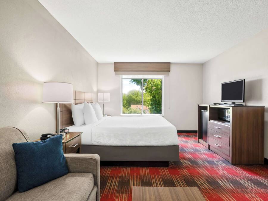 Quarto de hotel com cama, televisão, escrivaninha e janela com vista para o verde.