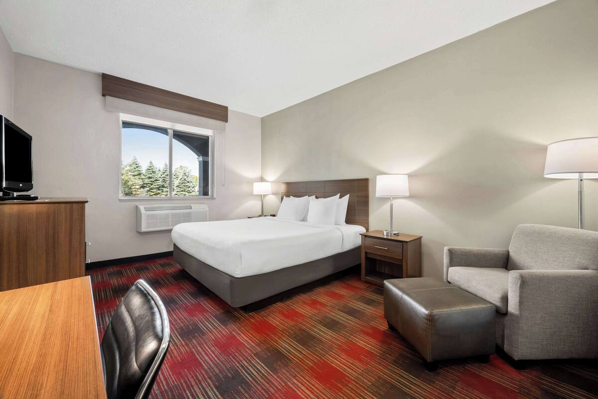 A hotel room with a bed, a desk, a chair, a TV, and a window with a view of trees.