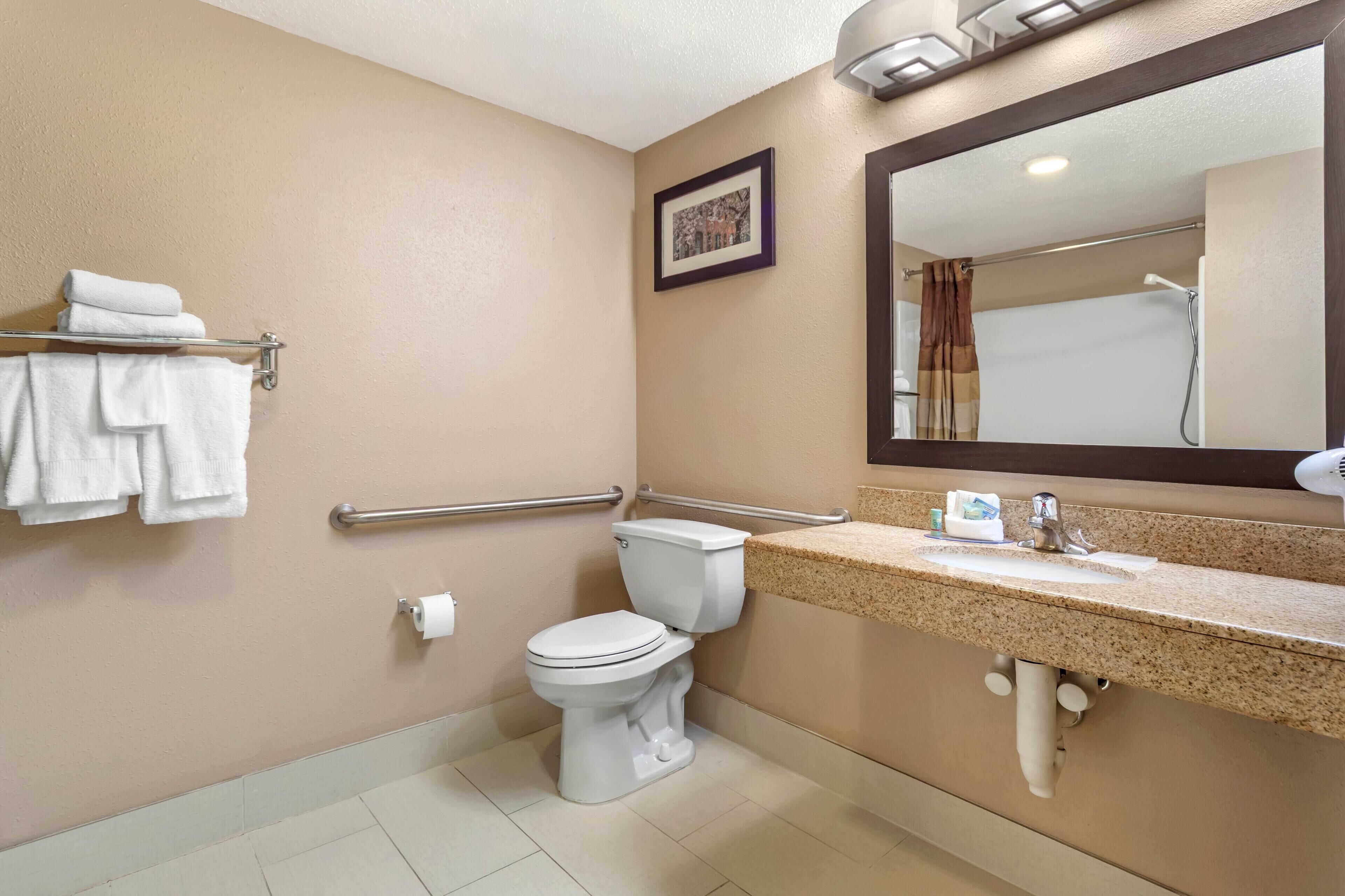 A bathroom with a toilet, handrails, a sink, and a mirror.