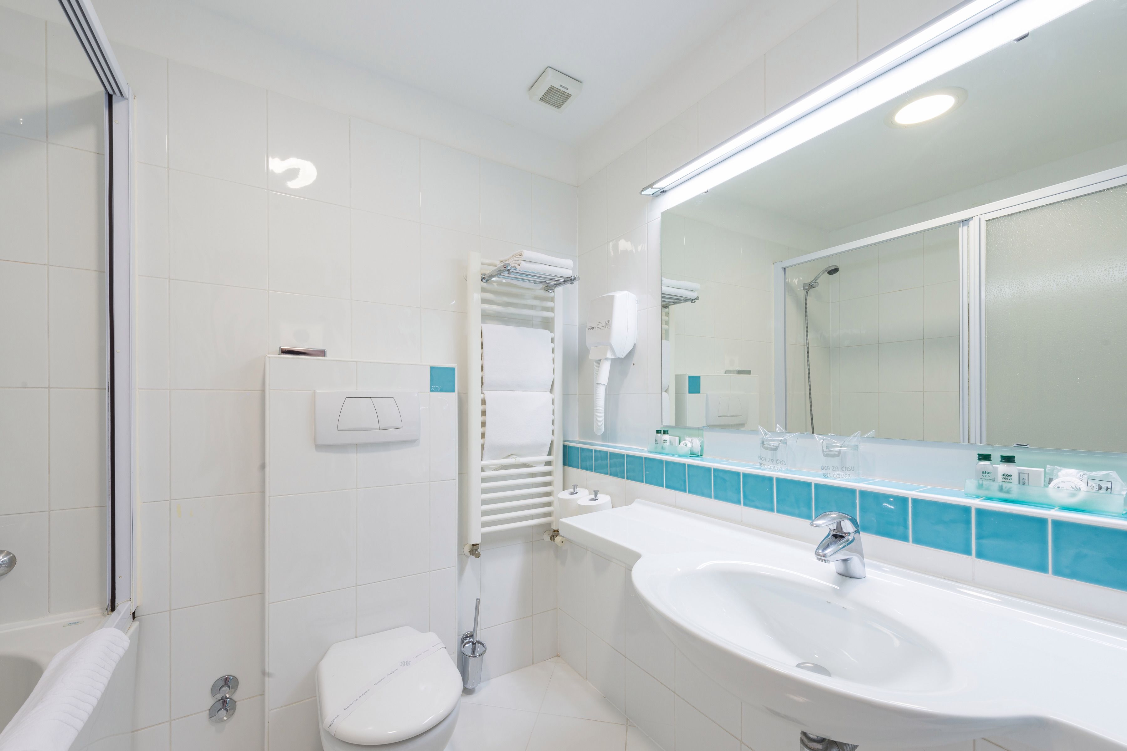 shower, hair dryer, bathrobes, towels