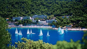 A coastal area with multiple sailboats on the water, a beach, and a building complex with balconies overlooking the sea. - Hotel Uvala (Dubrovnik)