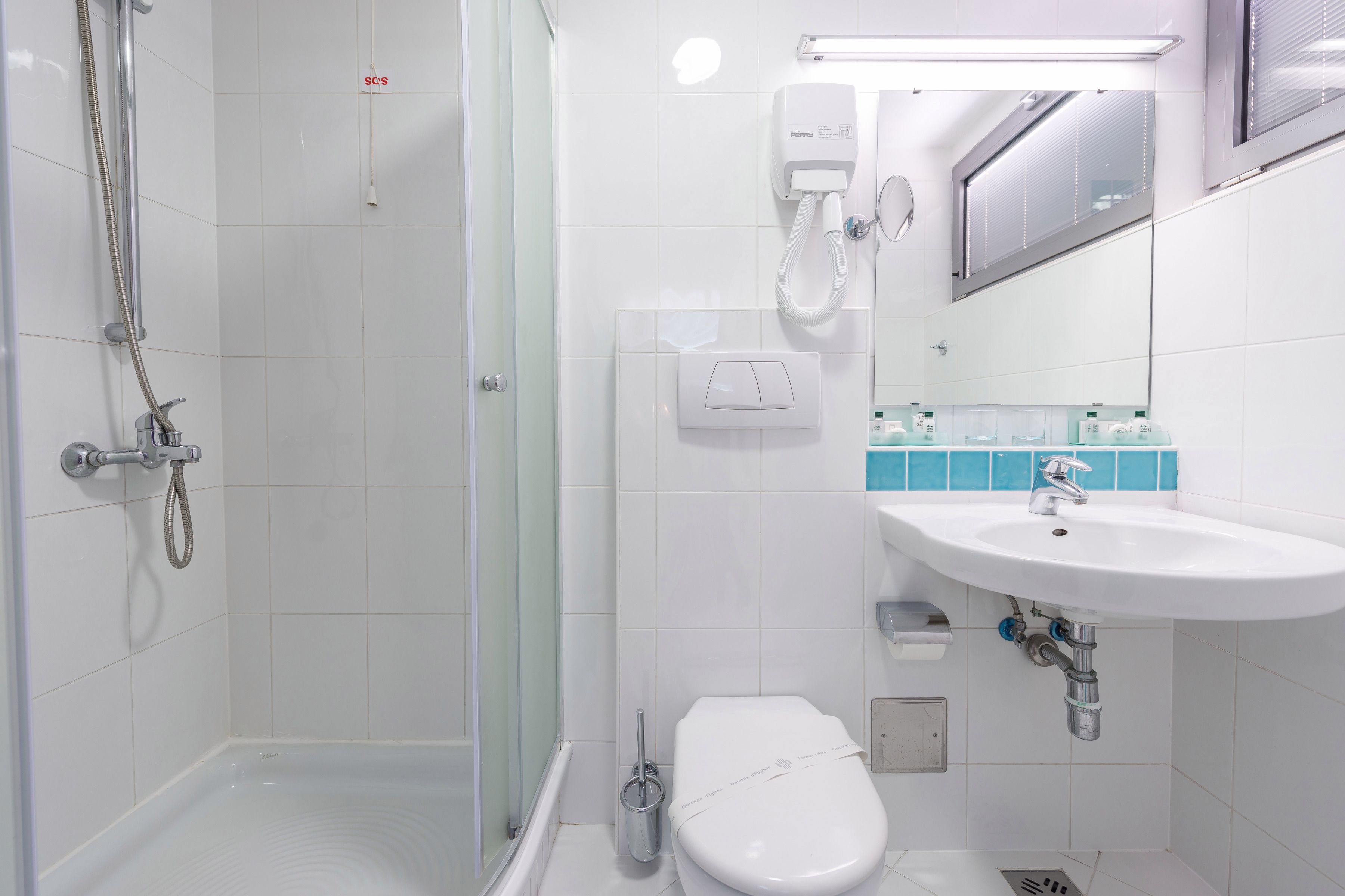 A modern bathroom with a glass-enclosed shower, a white toilet, and a sink with a mirror above it.