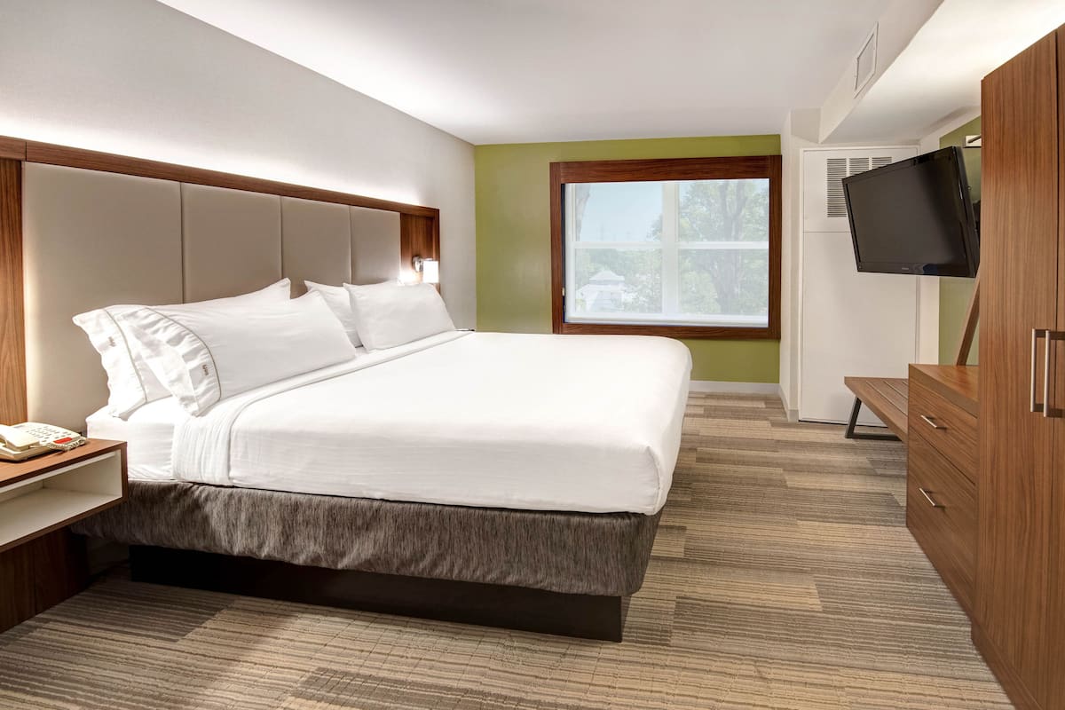 Une chambre d’hôtel avec un grand lit, une table de chevet avec un téléphone, un téléviseur fixé au mur et une fenêtre donnant sur des arbres.