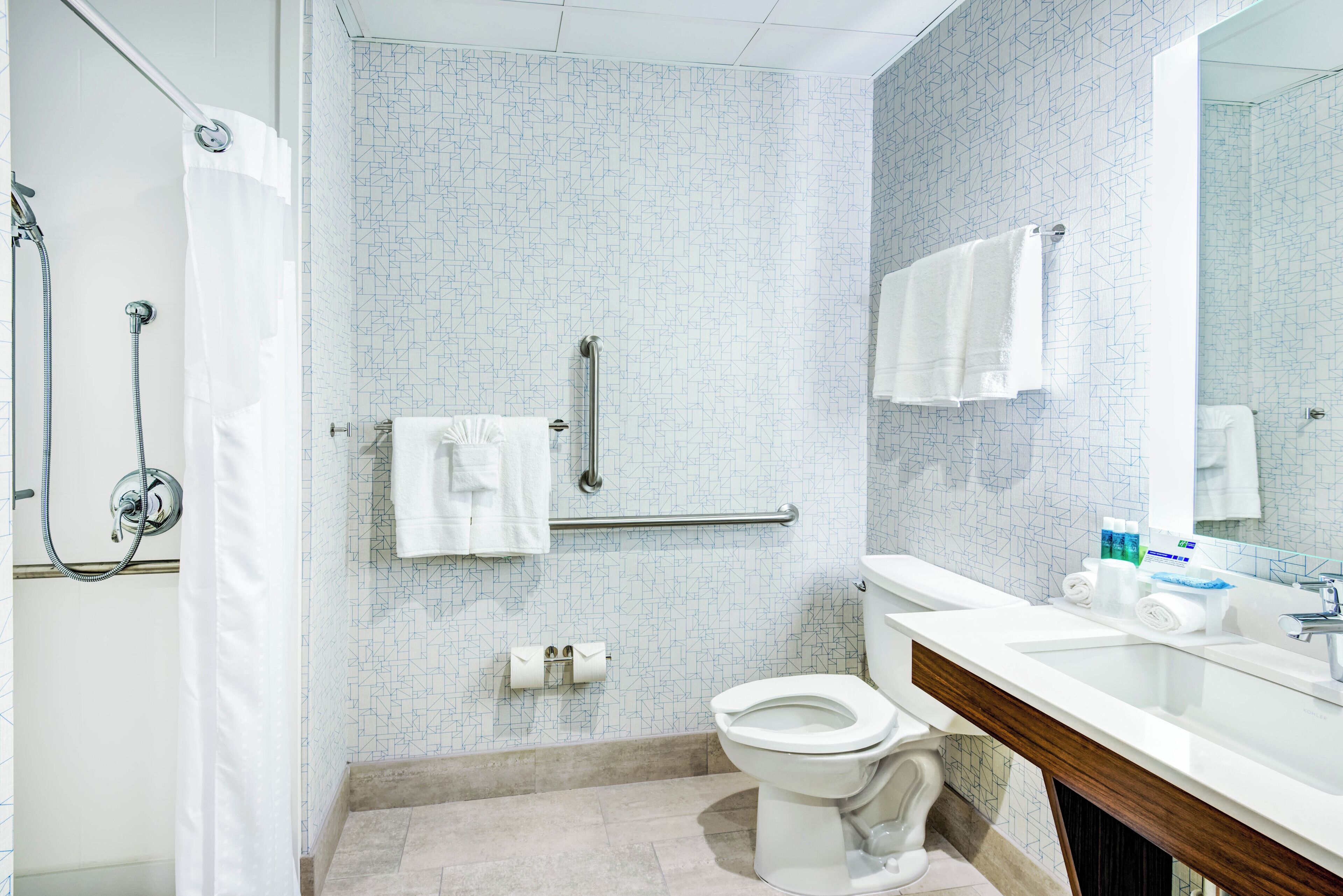 A modern bathroom with a shower, toilet, and sink.