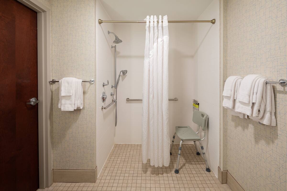 room, 1 king bed, mobility accessible (communications, roll-in shower) | bathroom | combined shower/bathtub, hair dryer, towels