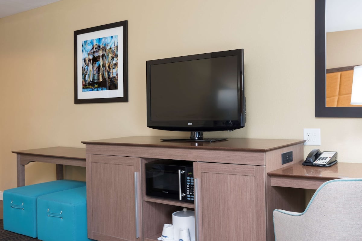 A hotel room with a flat-screen TV, a microwave, a phone, and a framed picture on the wall.