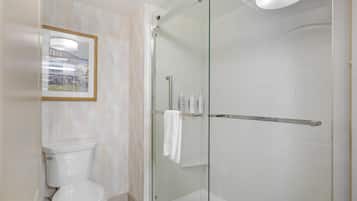 Ein modernes Badezimmer mit einer in Glas abgeschirmten Dusche, einer Toilette und einem gerahmten Bild an der Wand.