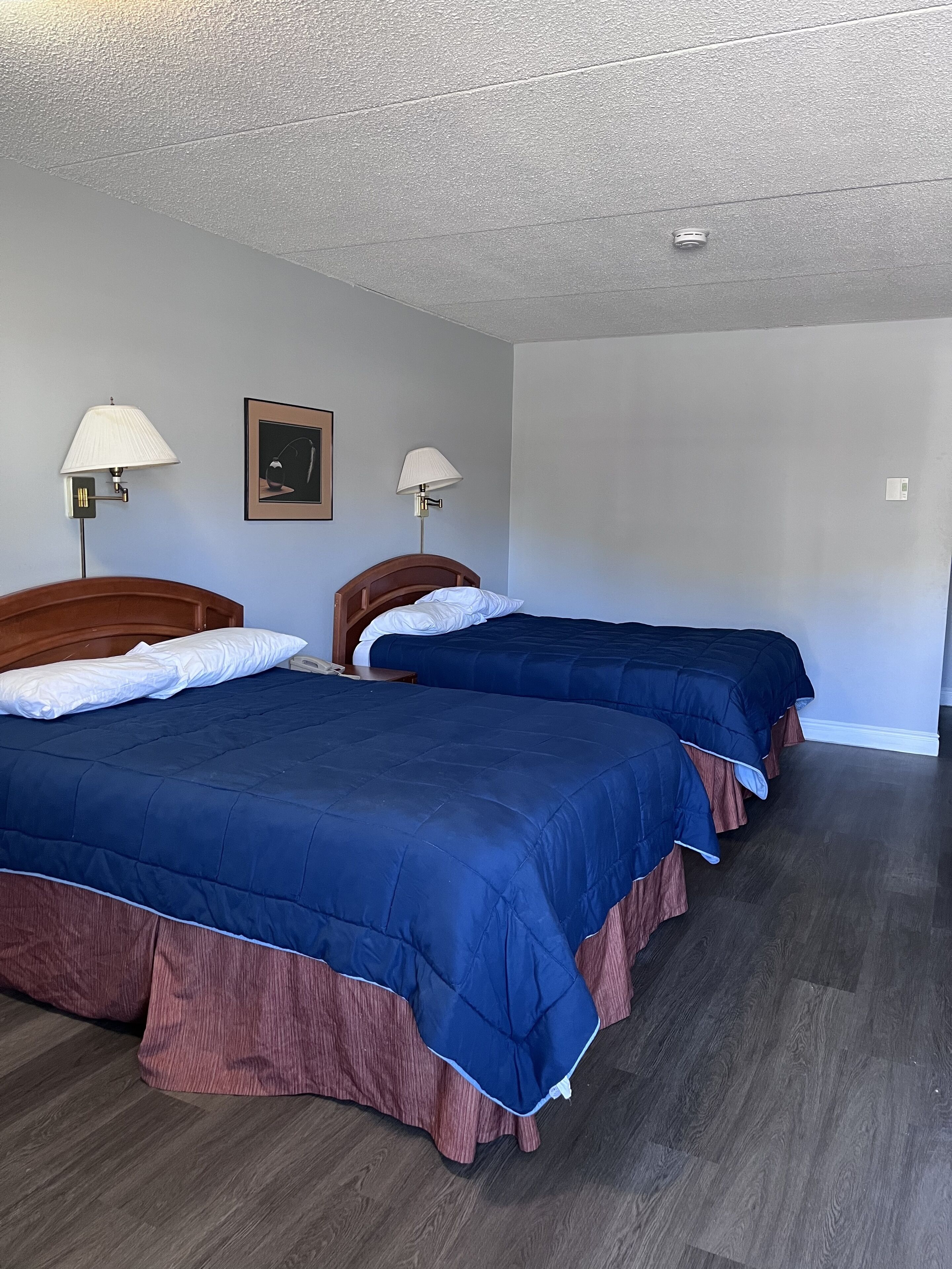 Habitación de hotel con dos camas, cada una con una colcha azul y cabecero de madera. Hay dos lámparas fijadas a la pared y un cuadro enmarcado.