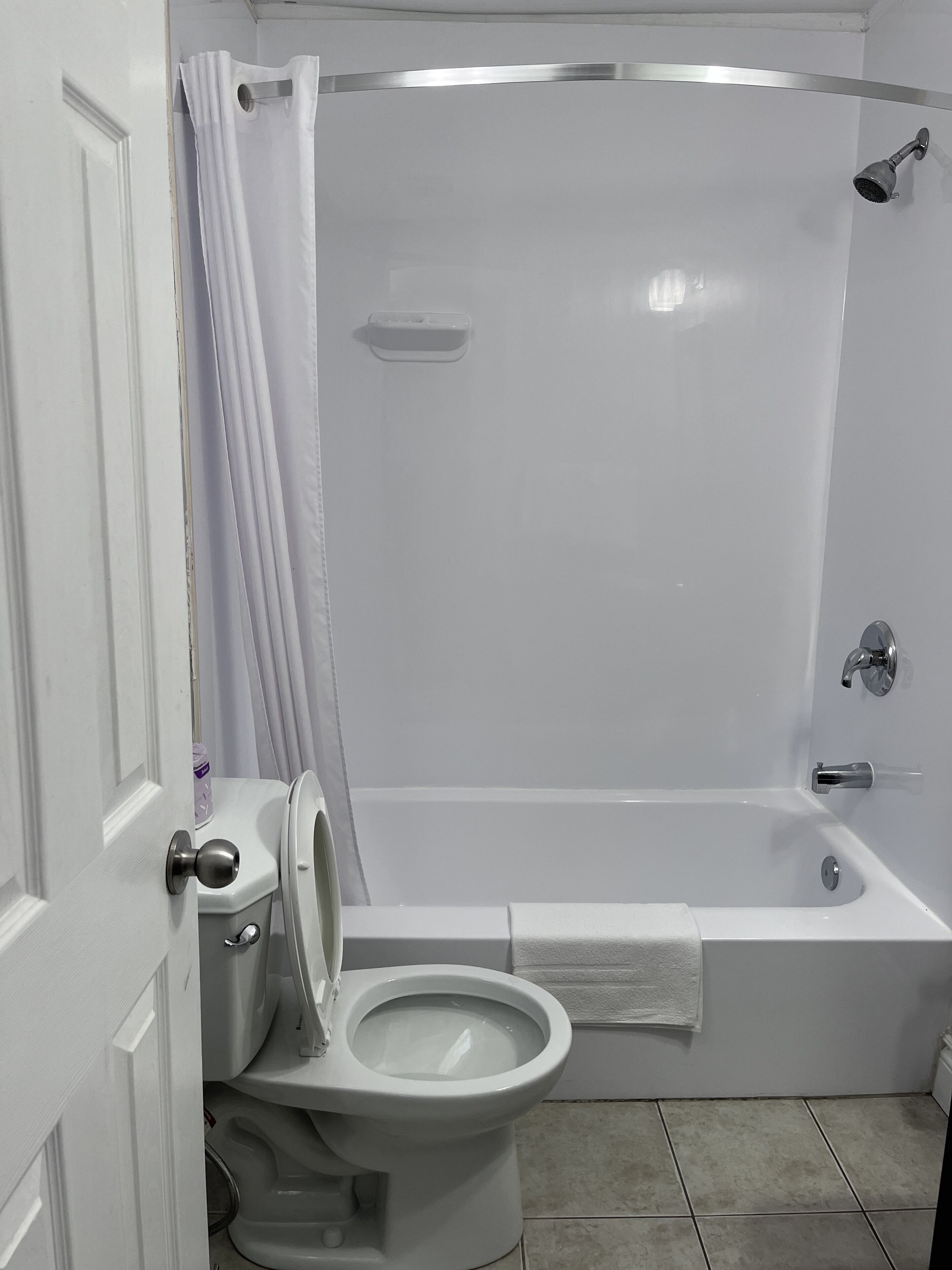 A bathroom with a toilet, a bathtub, and a shower.