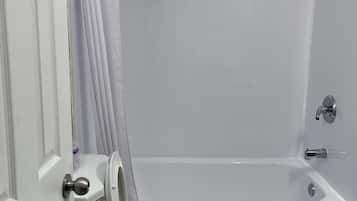 A bathroom with a toilet, a bathtub, and a shower.