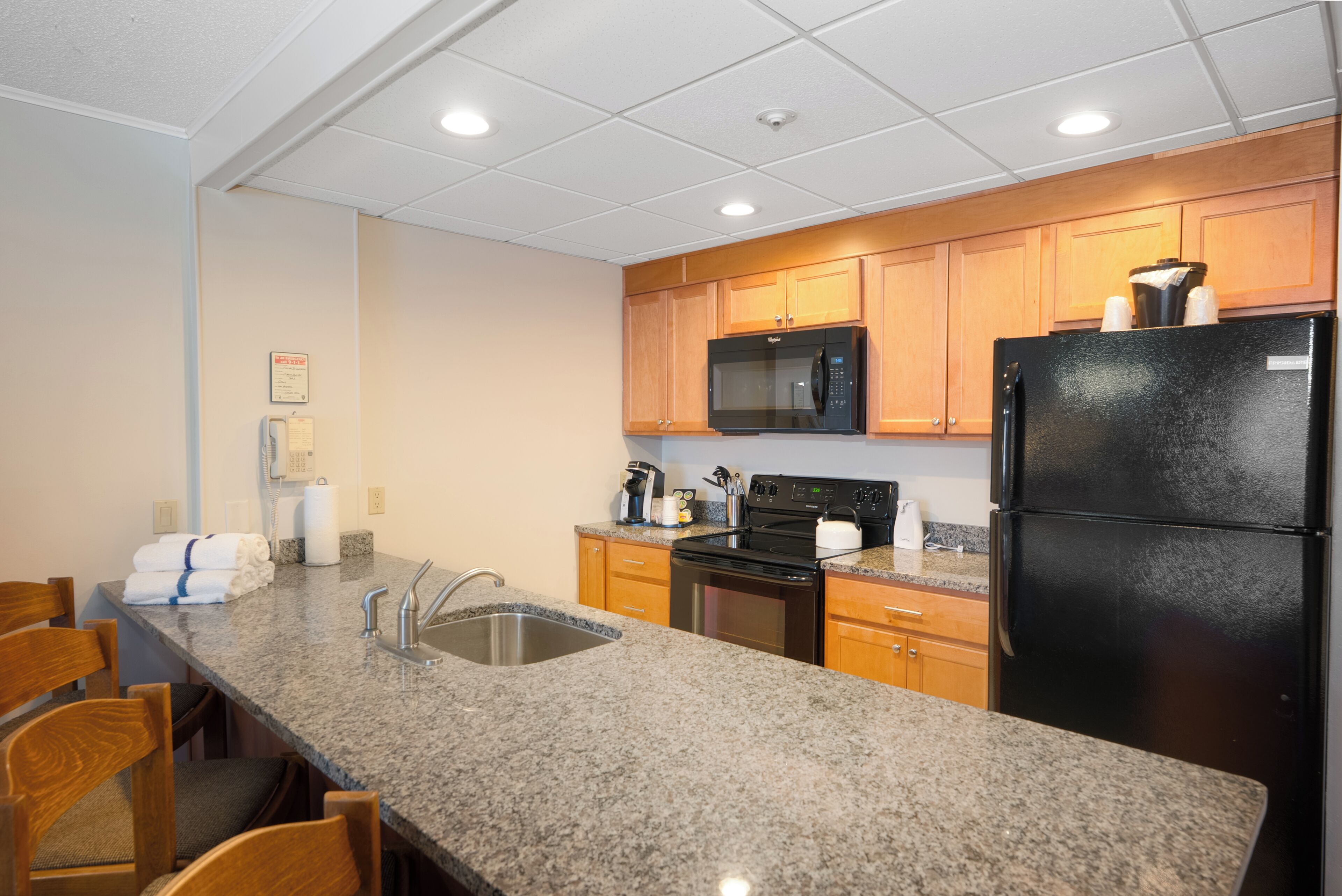 mini-fridge, microwave, coffee/tea maker