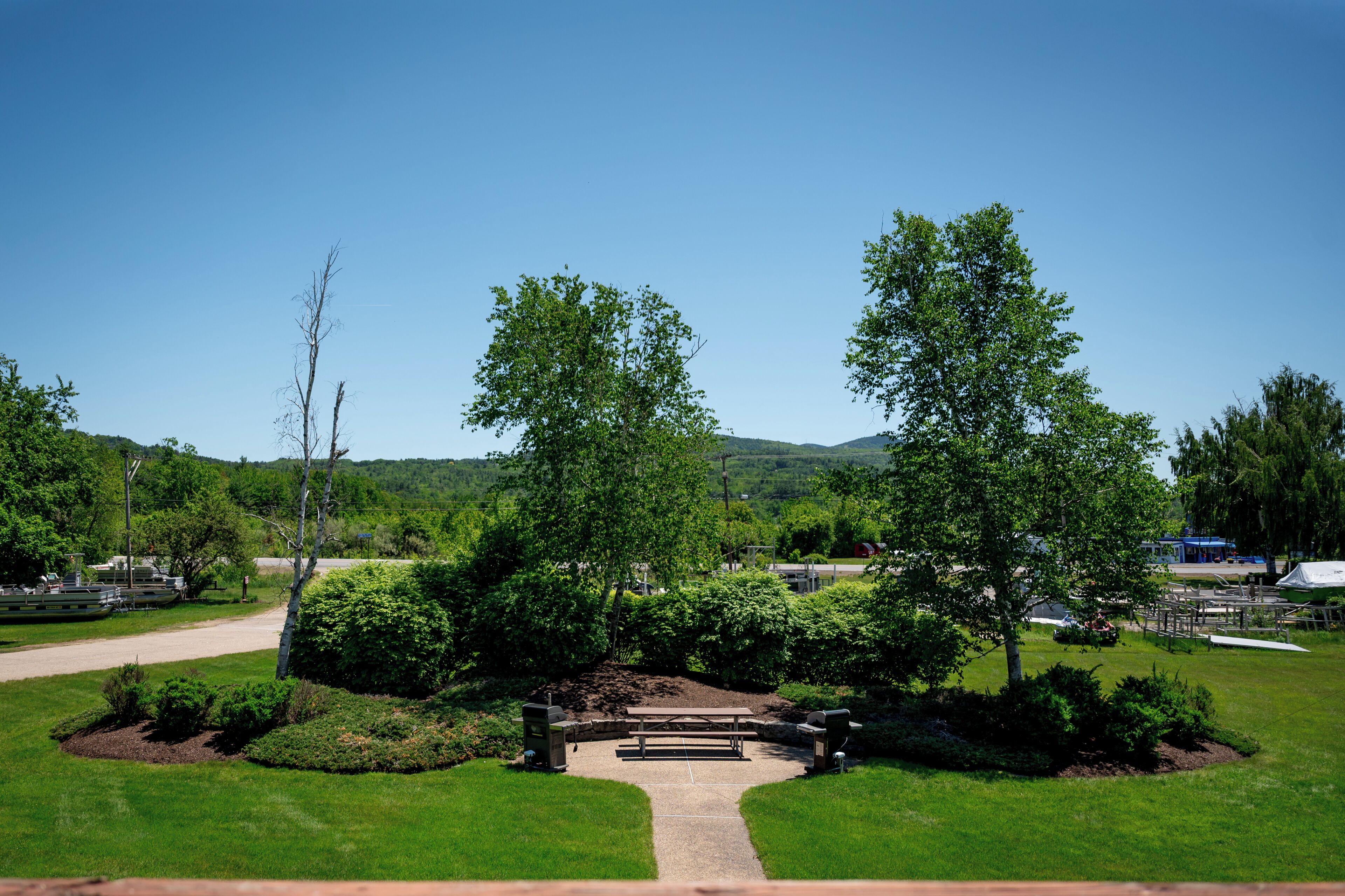 A picnic area with a table and benches, surrounded by greenery and trees.
