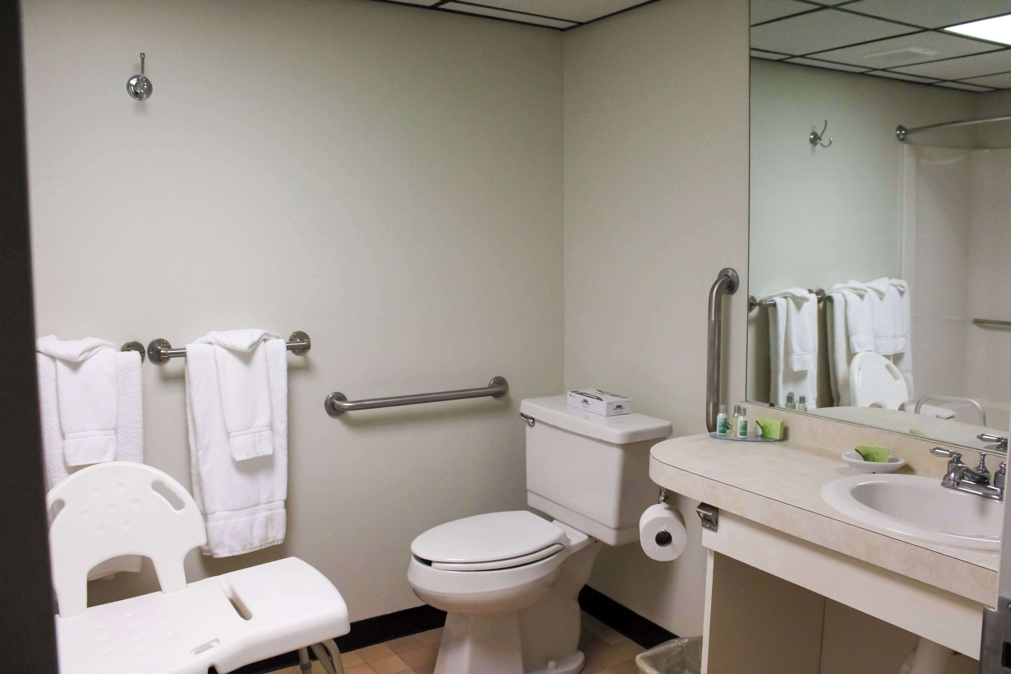A bathroom with a toilet, a hand dryer, a sink, and a mirror.